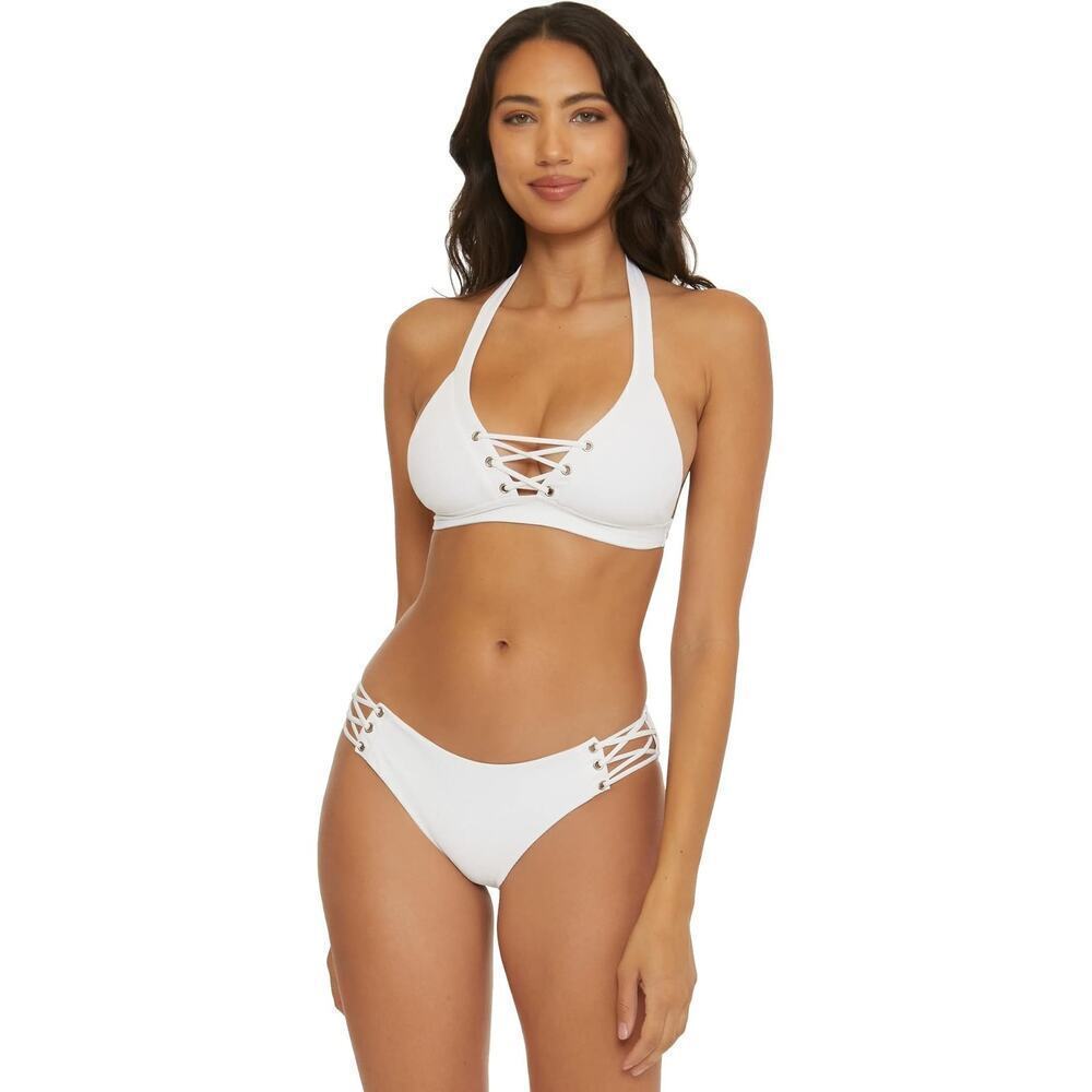 Becca Ribbed Daniella Corset Side Hipster Bikini Bottom Size Medium White NWT